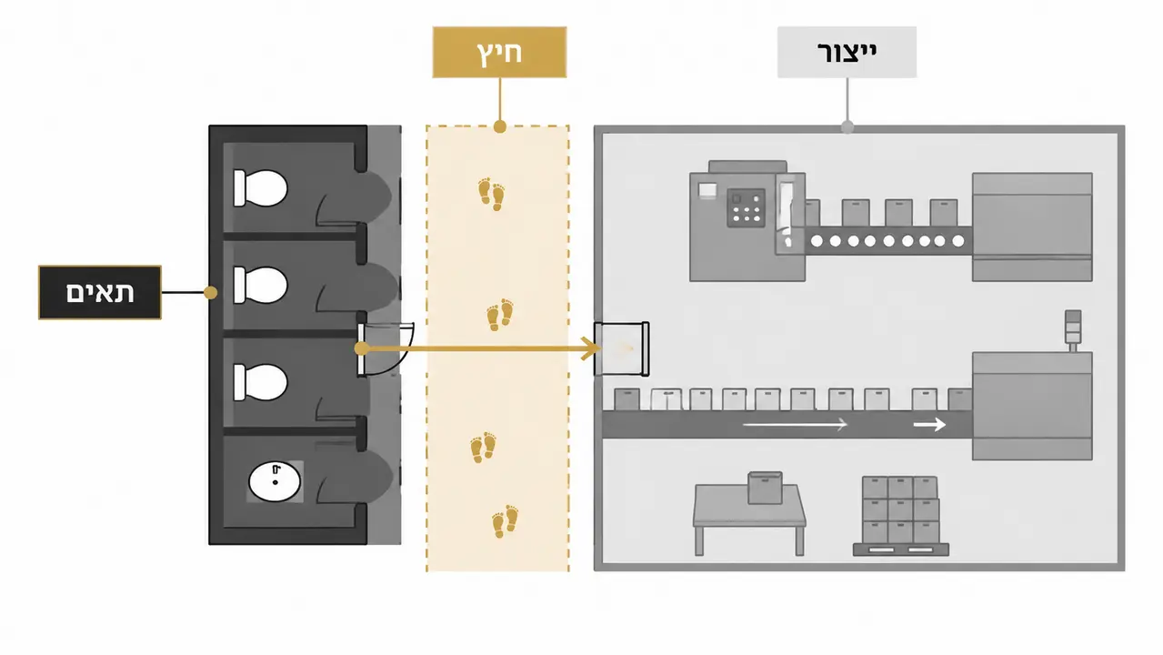 מיקום תאי שירותים במפעל ביחס לקווי הייצור