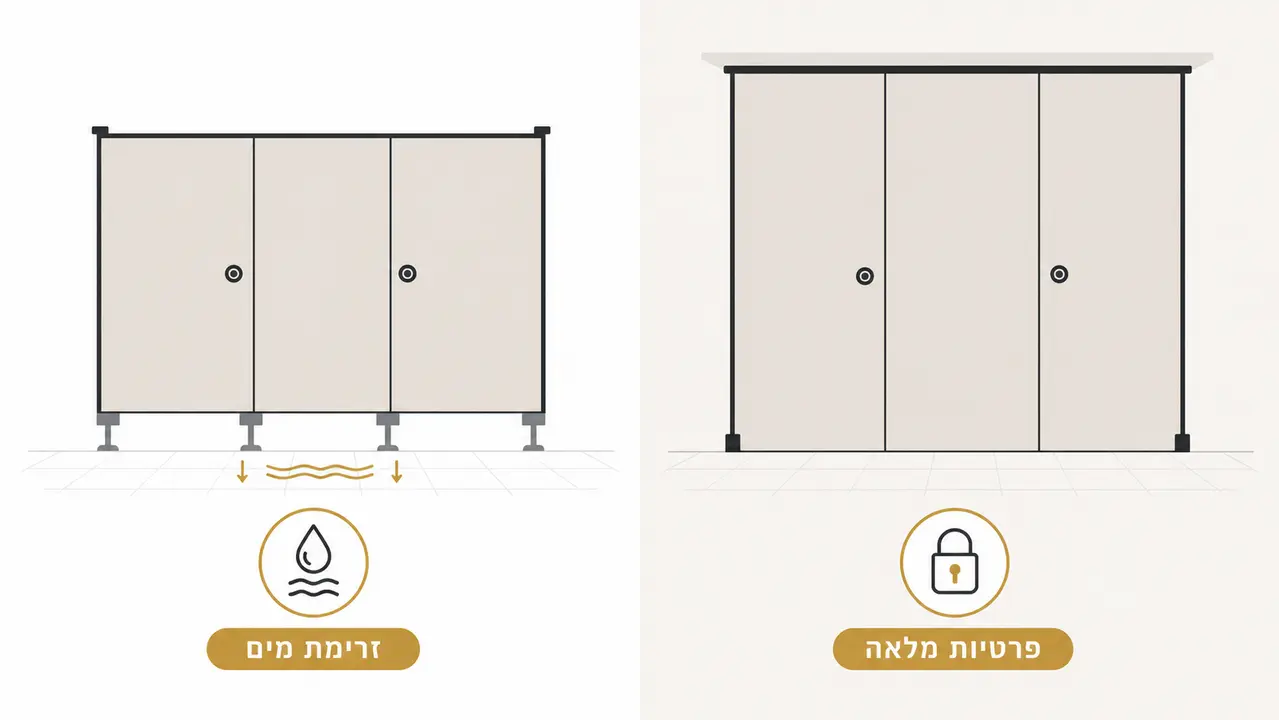 השוואה בין תא רצפה-תקרה לתא עם רגליות במוסד ציבורי