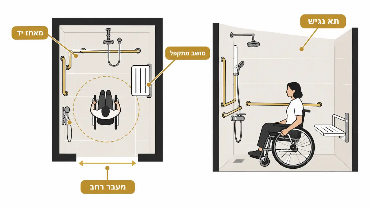 תא מקלחת נגיש ליד בריכת מלון עם מאחזי יד
