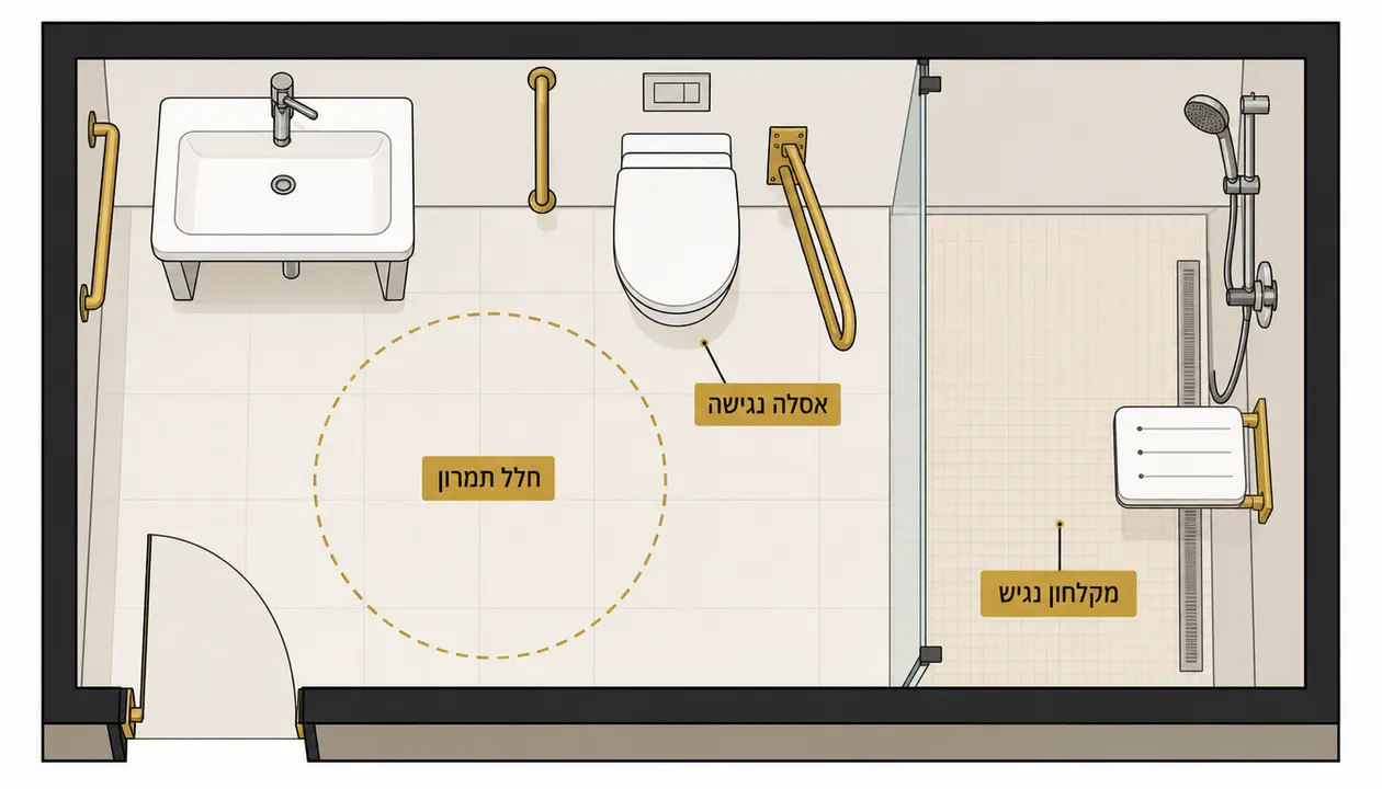 ‏אבזור חדר שירותים נגיש במלון לפי התקן