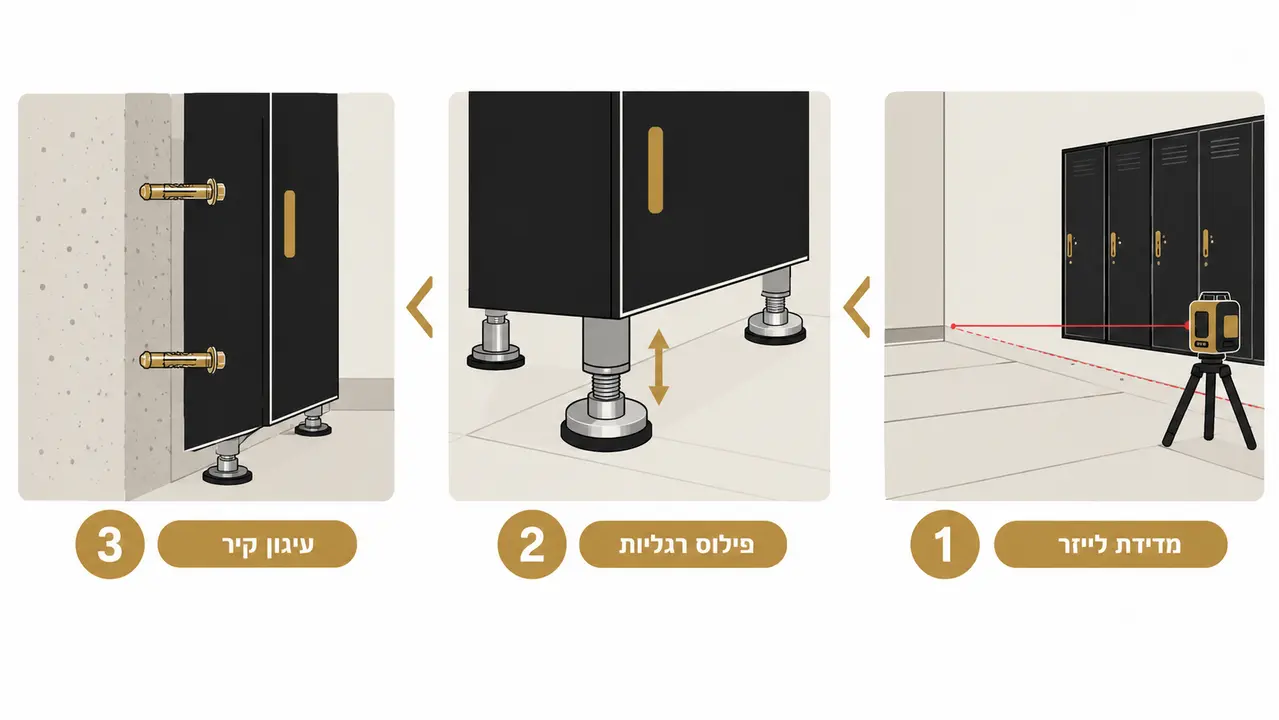 התקנה מקצועית של לוקרים במלון כולל פילוס ועיגון לקיר